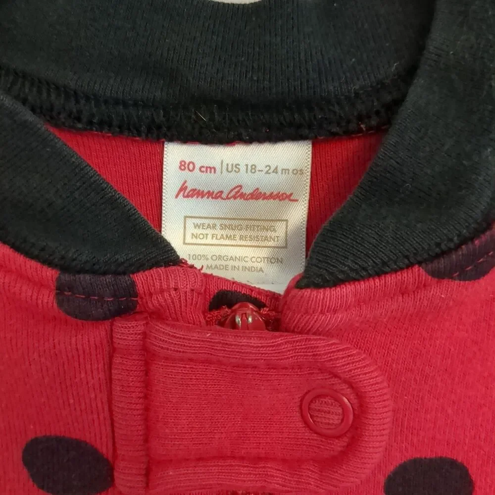 Hanna Andersson Black Red Polka Dot Ladybug Pajamas Sleeper Girls 80 18-24 Mons